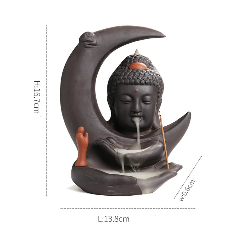 Incensário de cerâmica com figura de Buda e lua, com design zen para uso decorativo e aromático em ambientes de meditação, casa ou estúdio