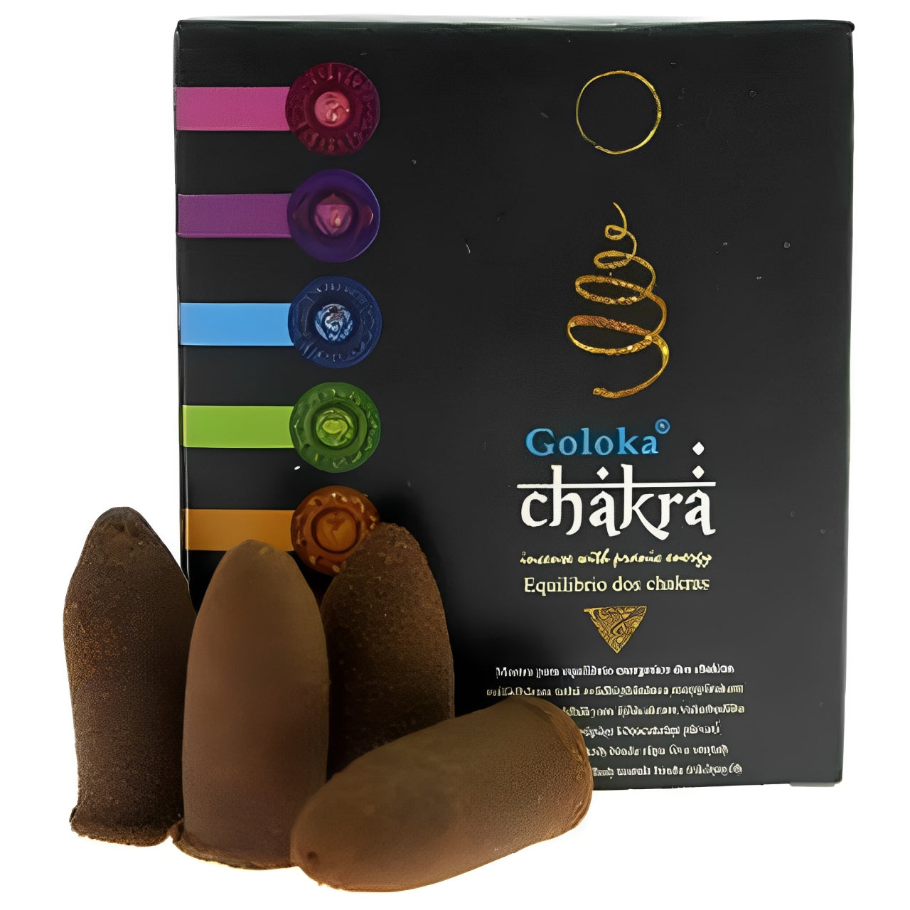 Incenso Chakra Natural Goloka em cone com caixa preta e cones marrons, fundo meditativo com chakras iluminados, ideal para equilíbrio energético e práticas espirituais