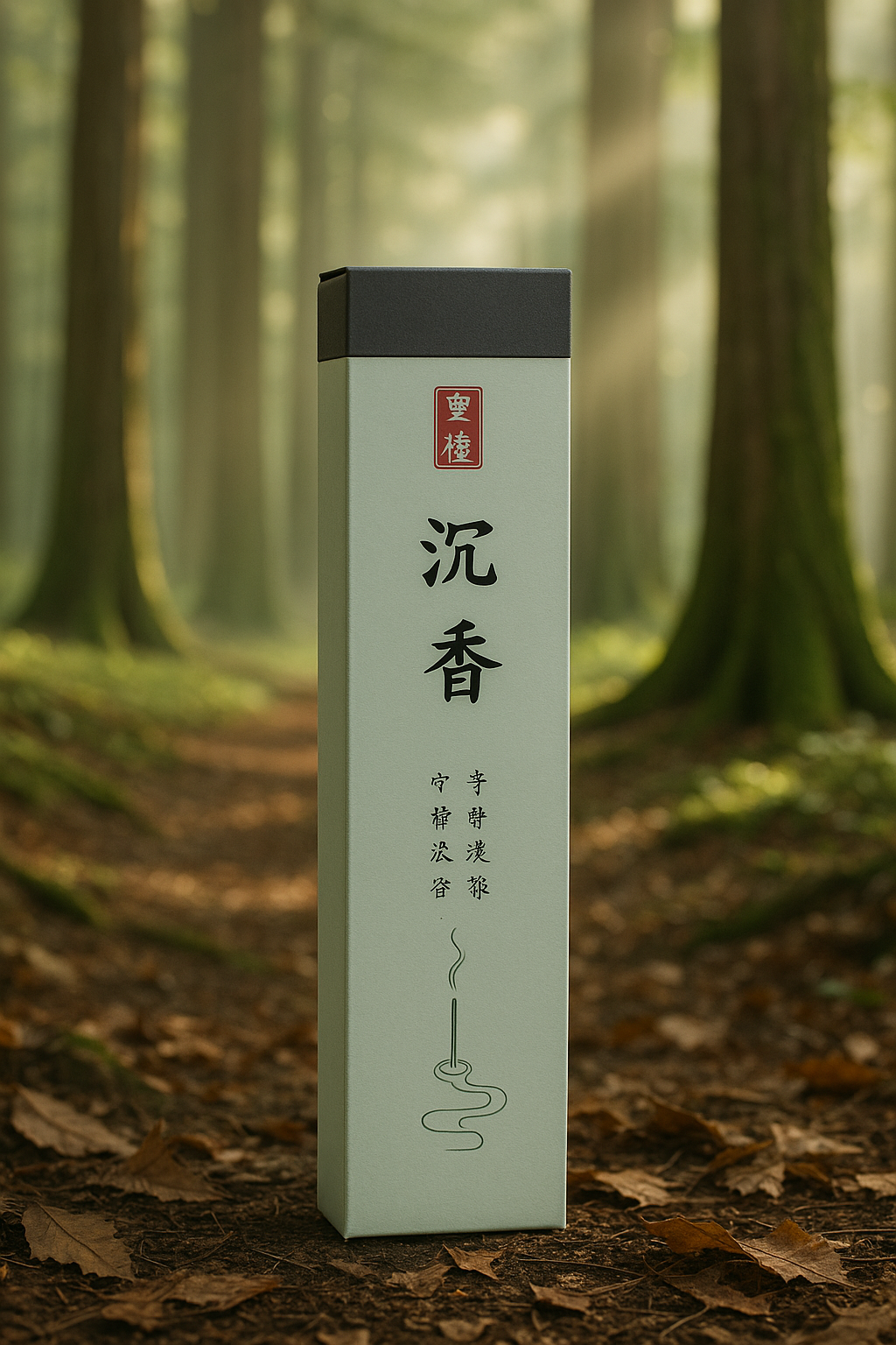 Embalagem de incenso oriental Cedro sobre trilha de floresta, com design minimalista e fundo desfocado natural