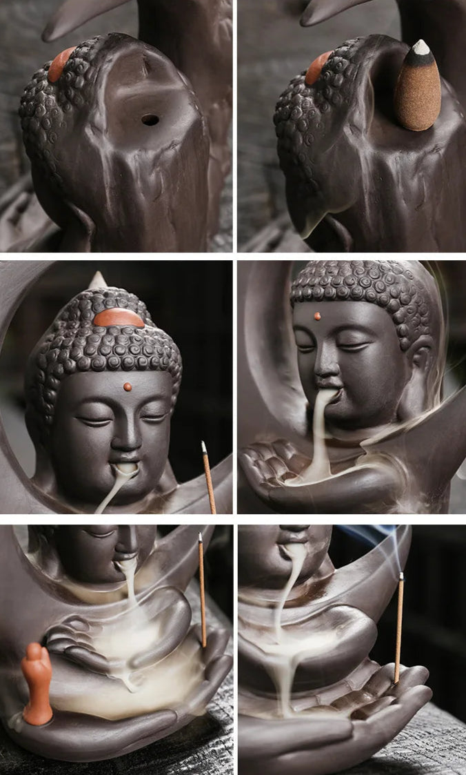 Incensário de cerâmica com figura de Buda e lua, com design zen para uso decorativo e aromático em ambientes de meditação, casa ou estúdio