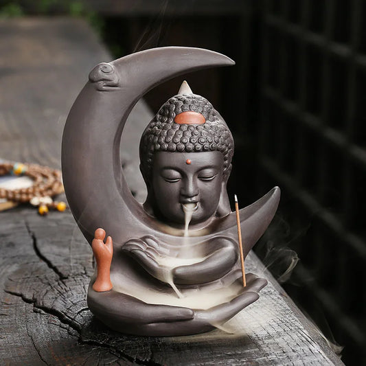 Incensário de cerâmica com figura de Buda e lua, com design zen para uso decorativo e aromático em ambientes de meditação, casa ou estúdio