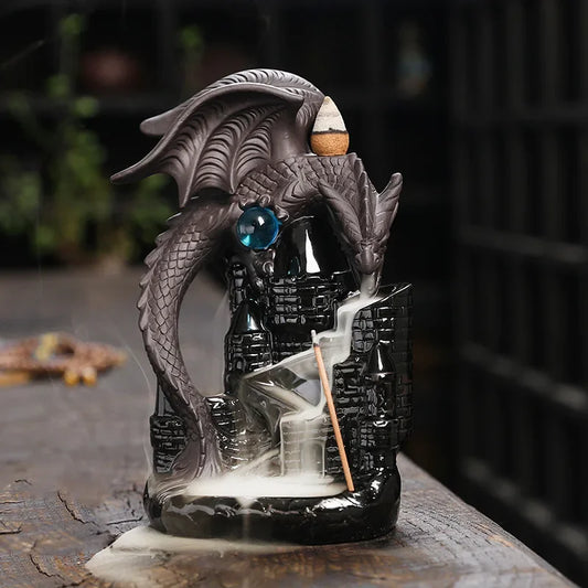 Incensário de dragão com suporte para vareta e cone, cerâmica artesanal decorativa
