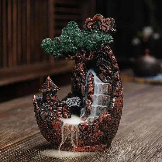 Incensário cascata de cerâmica com design de vila, árvore e cachoeira em miniatura para meditação e decoração zen
