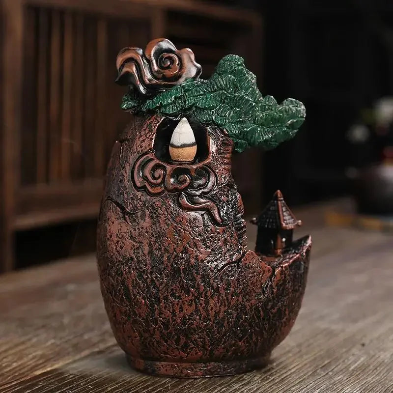 Verso do Incensário cascata de cerâmica com design de vila, árvore e cachoeira em miniatura para meditação e decoração zen