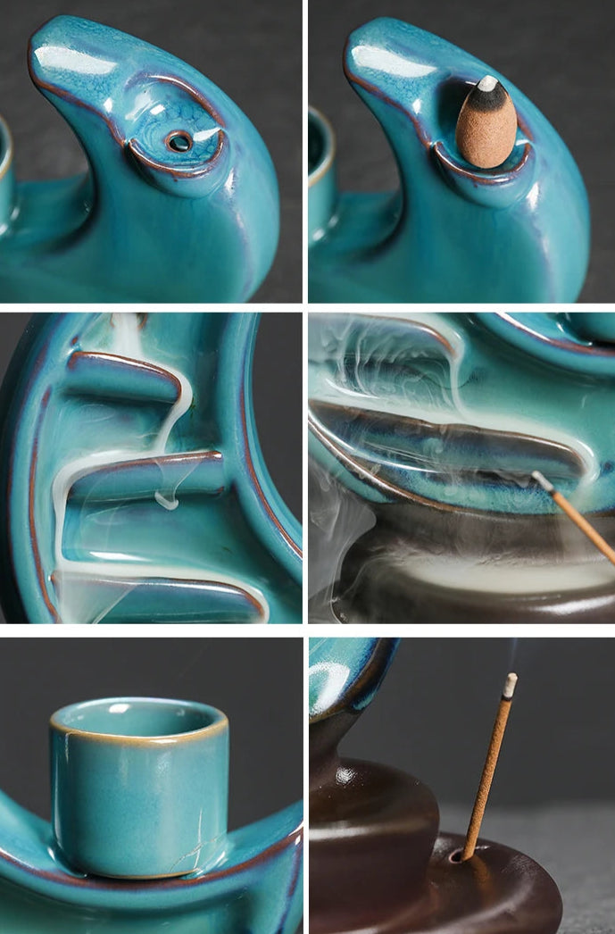 Incensário em formato de lua com efeito cascata, feito de cerâmica, usado com incenso cone, vareta e vela – ideal para meditação e ambientes acolhedores, detalhes
