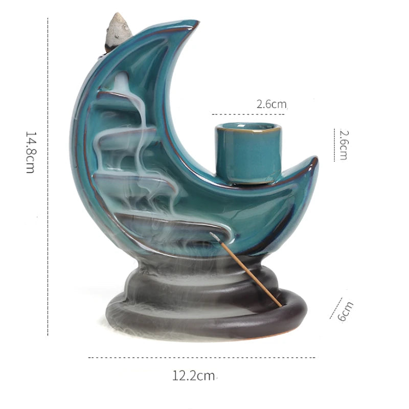 Incensário em formato de lua com efeito cascata, feito de cerâmica, usado com incenso cone, vareta e vela – ideal para meditação e ambientes acolhedores,medidas