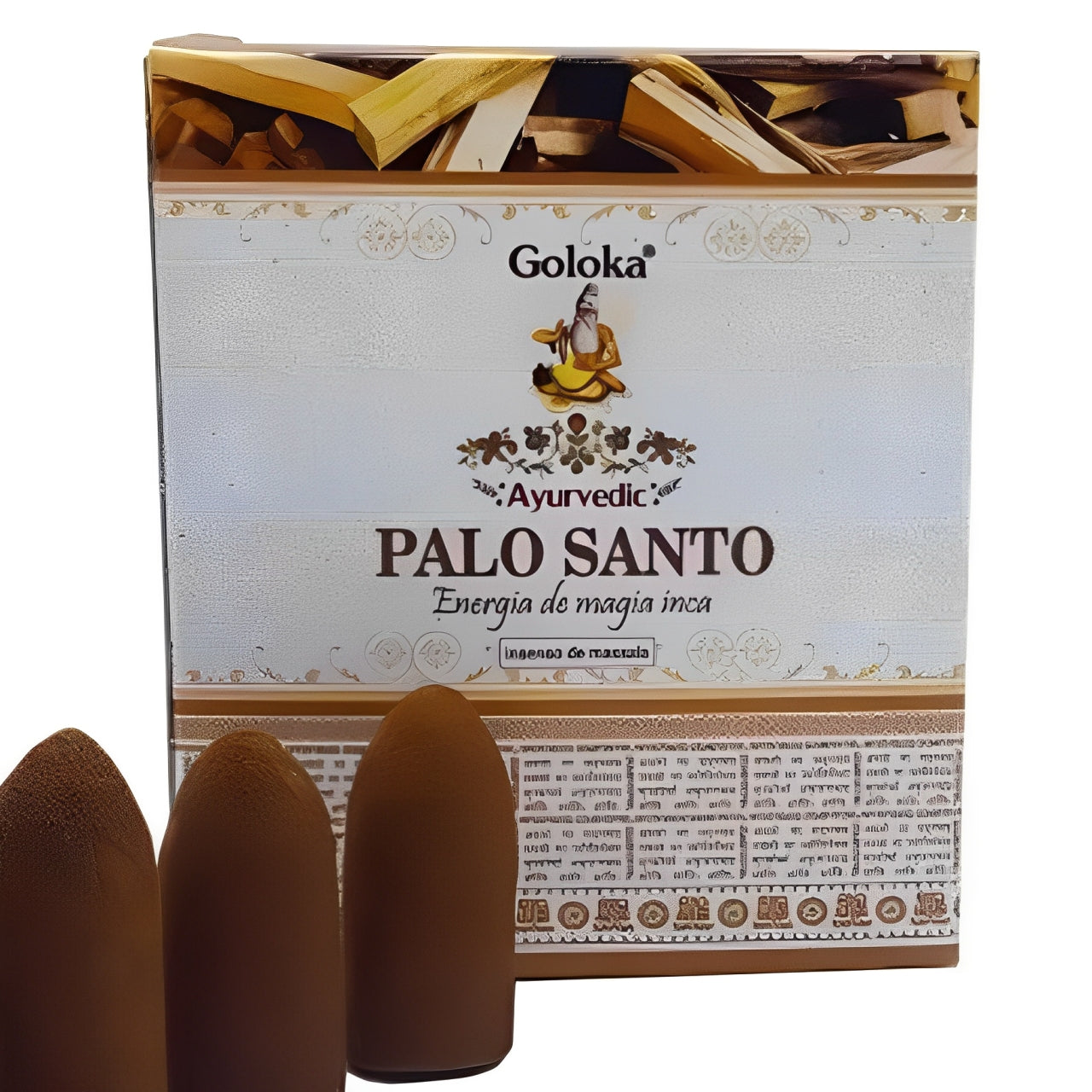 Incenso Cone Goloka Palo Santo centralizado com fundo espiritual, representando purificação e proteção energética.

