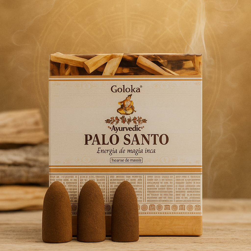 Incenso Cone Goloka Palo Santo centralizado com fundo espiritual, representando purificação e proteção energética.

