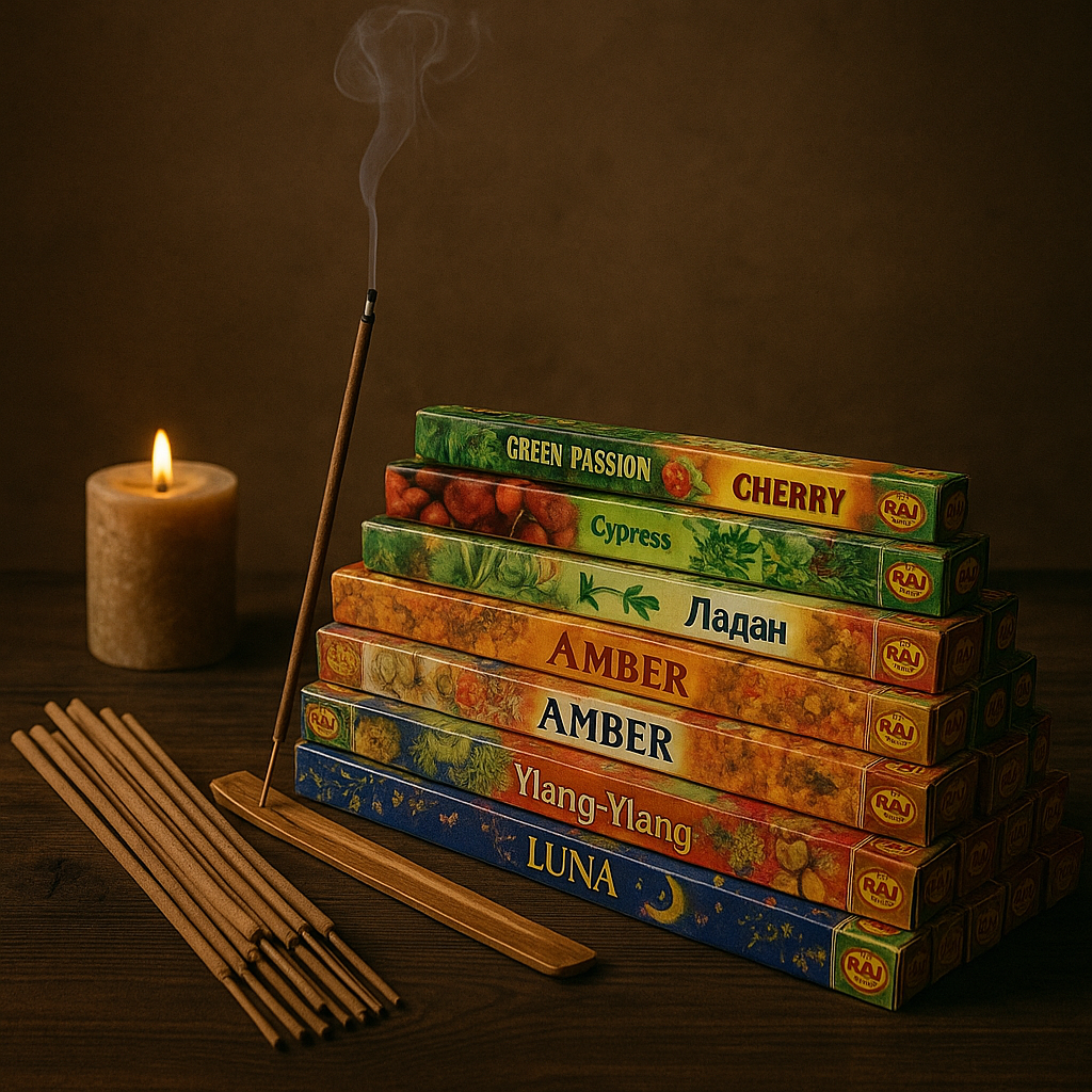 Kit com 10 caixas de incenso natural sortido totalizando 70 varetas aromáticas variadas, ideal para meditação e bem-estar
